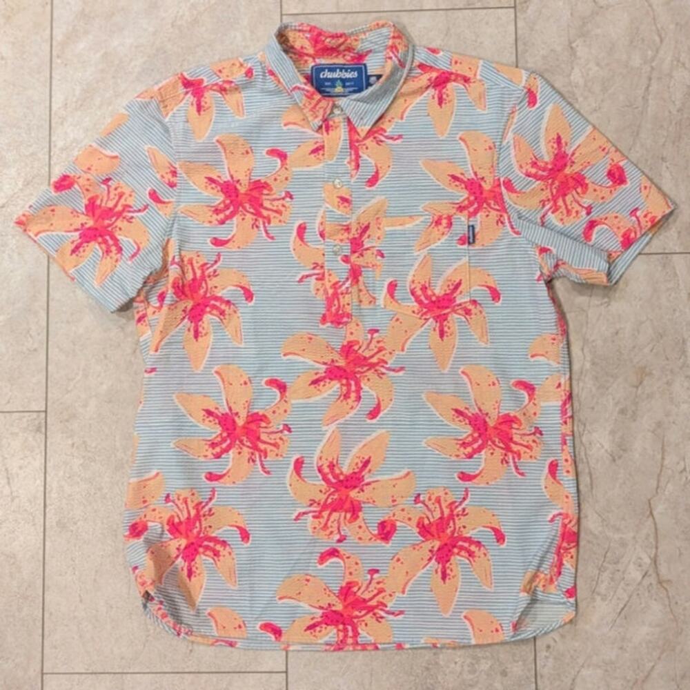 Chubbies Neon Floral Hawaiian Polo Shirt in Pink, Peach & Light Blue Mens Large